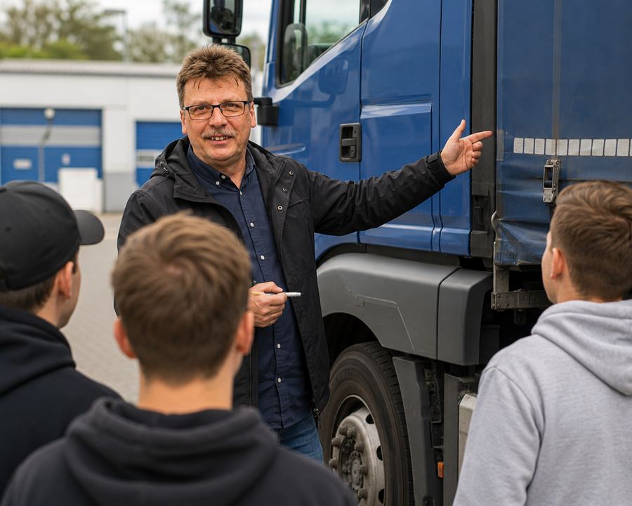 Steffen Keil im Gespräch mit Auszubildenden am LKW